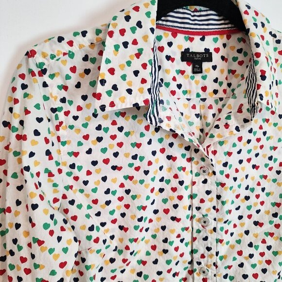 Talbots Multi Color Heart Print Collared Button Front Shirt Preppy Valentine's - Picture 4 of 11